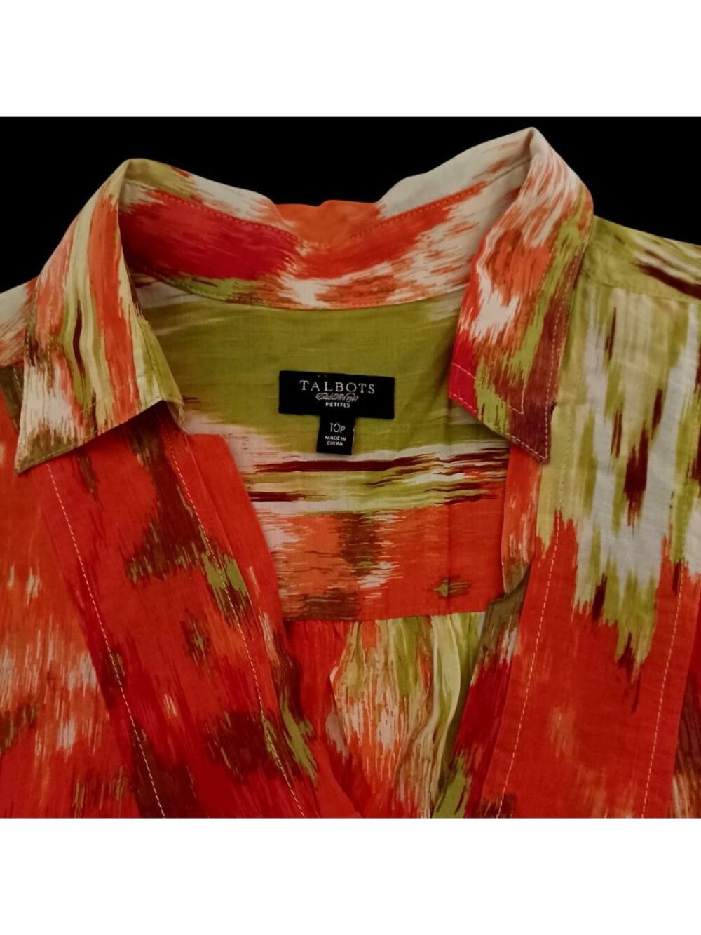 Talbots Tunic Blouse Cotton Silk Abstract Watercolor Orange Green V-Neck Wms 10P - Picture 9 of 11